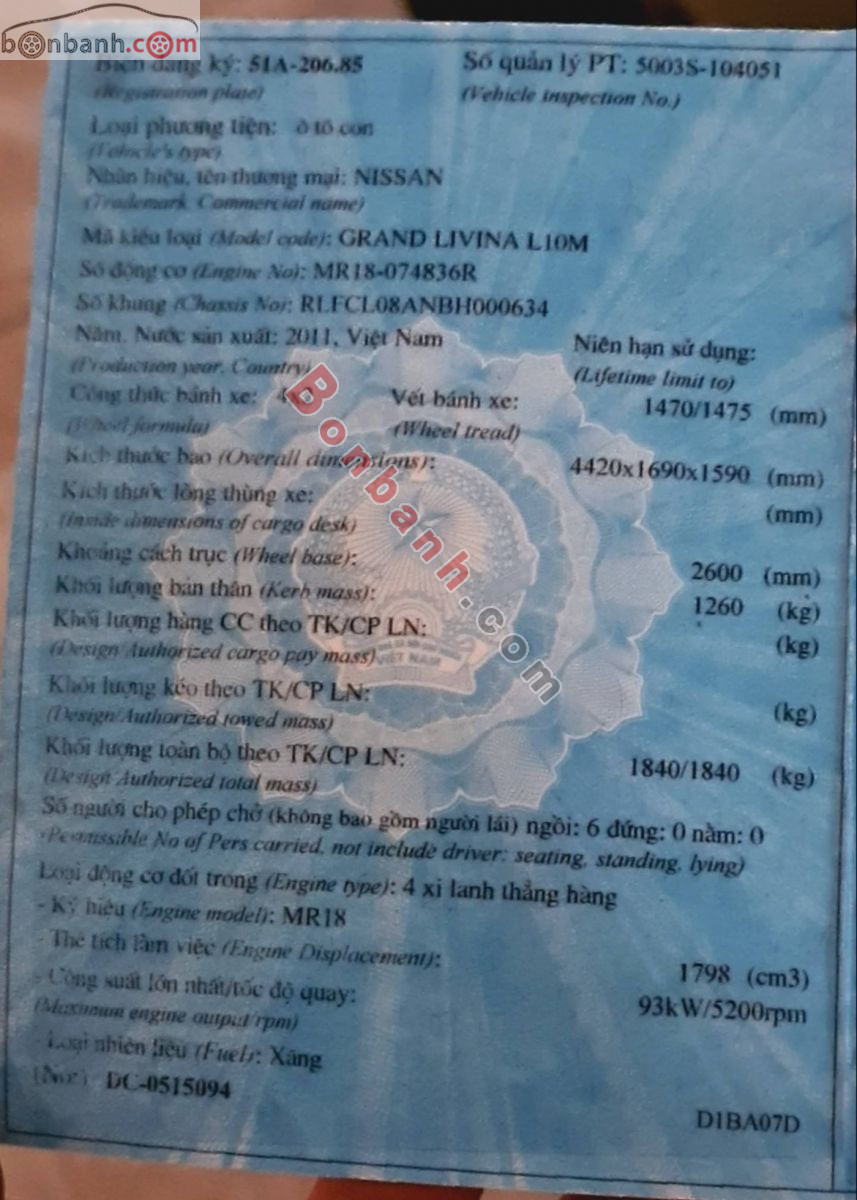Bán ô tô Nissan Grand livina 1.8 MT - 2011 - xe cũ