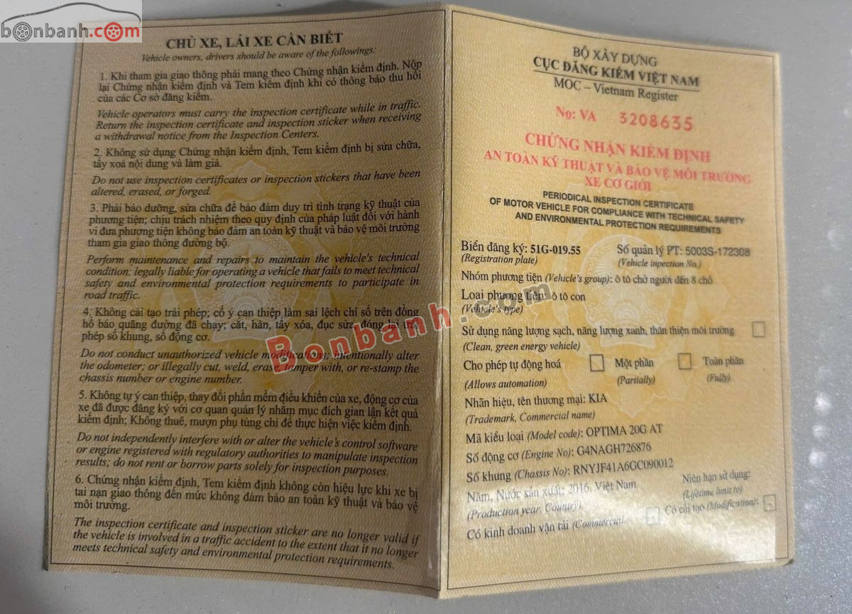 Bán ô tô Kia Optima 2.0 AT - 2016 - xe cũ