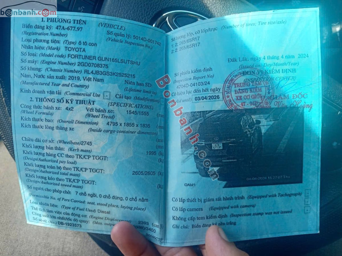 Bán ô tô Toyota Fortuner 2.4G 4x2 AT - 2019 - xe cũ