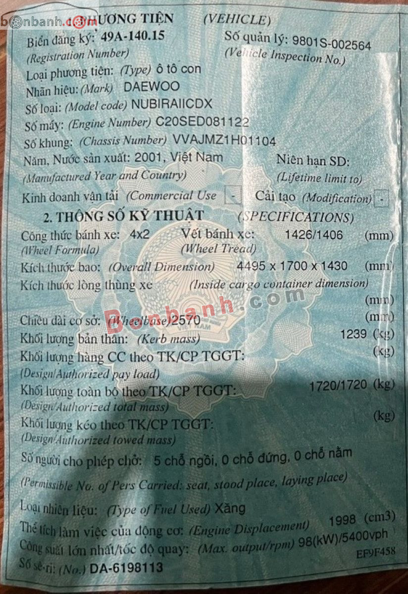 Bán ô tô Daewoo Nubira II 2.0 - 2001 - xe cũ