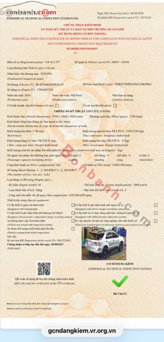 Bán ô tô Toyota Fortuner 2.7V 4X2 AT - 2016 - xe cũ